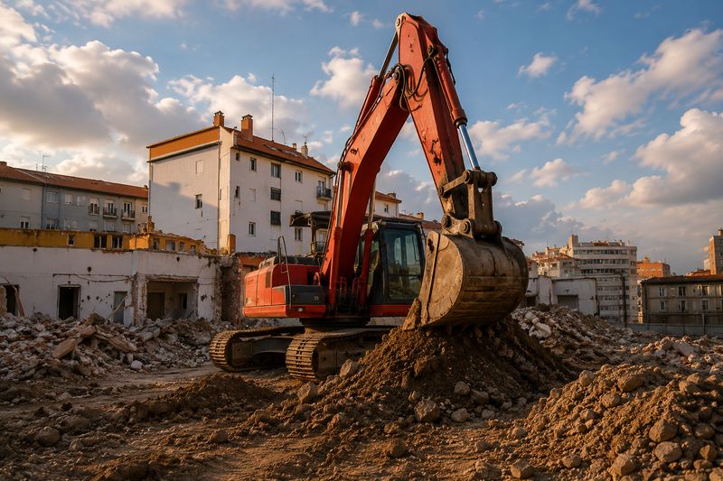Excavadora enderrocant un edifici al centre urbà